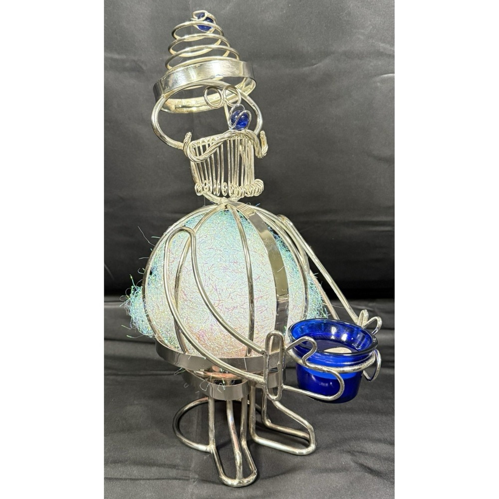 Vintage Metal Wire Santa Votive Holder Retro Christmas Figurine Silver Blue